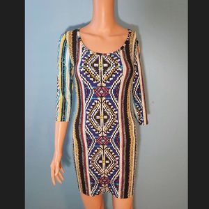 Beautiful Fitted HOT KISS Multicolor Dress, ¾ Sleeves, Size Small, EUC